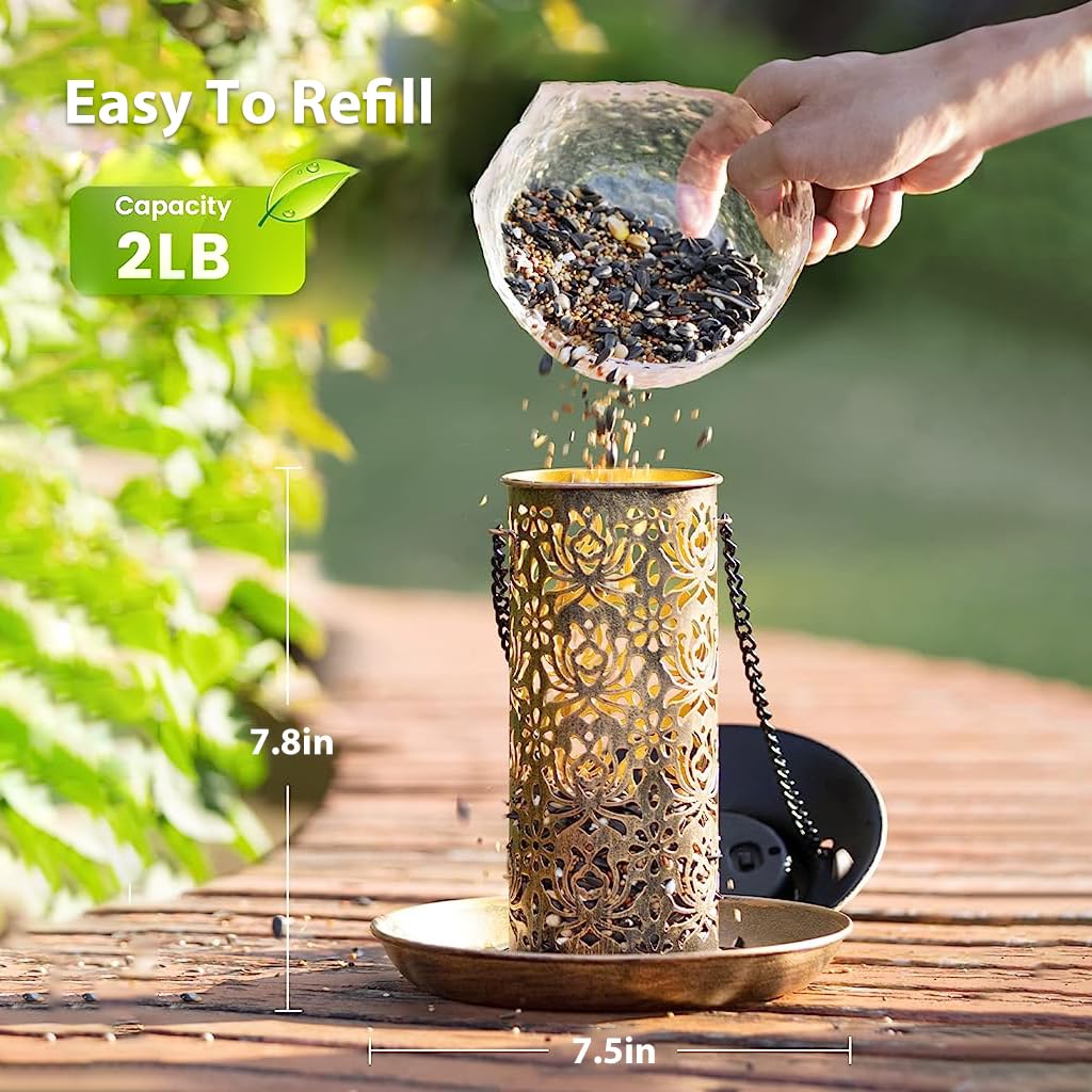 HASTHIP® Solar Bird Feeder Garden Bird Feeder Lantern Outdoor Waterproof Hanging Bird Feeder Metal Hollowed Out Warm Light Bird Feeder for Garden, Patio