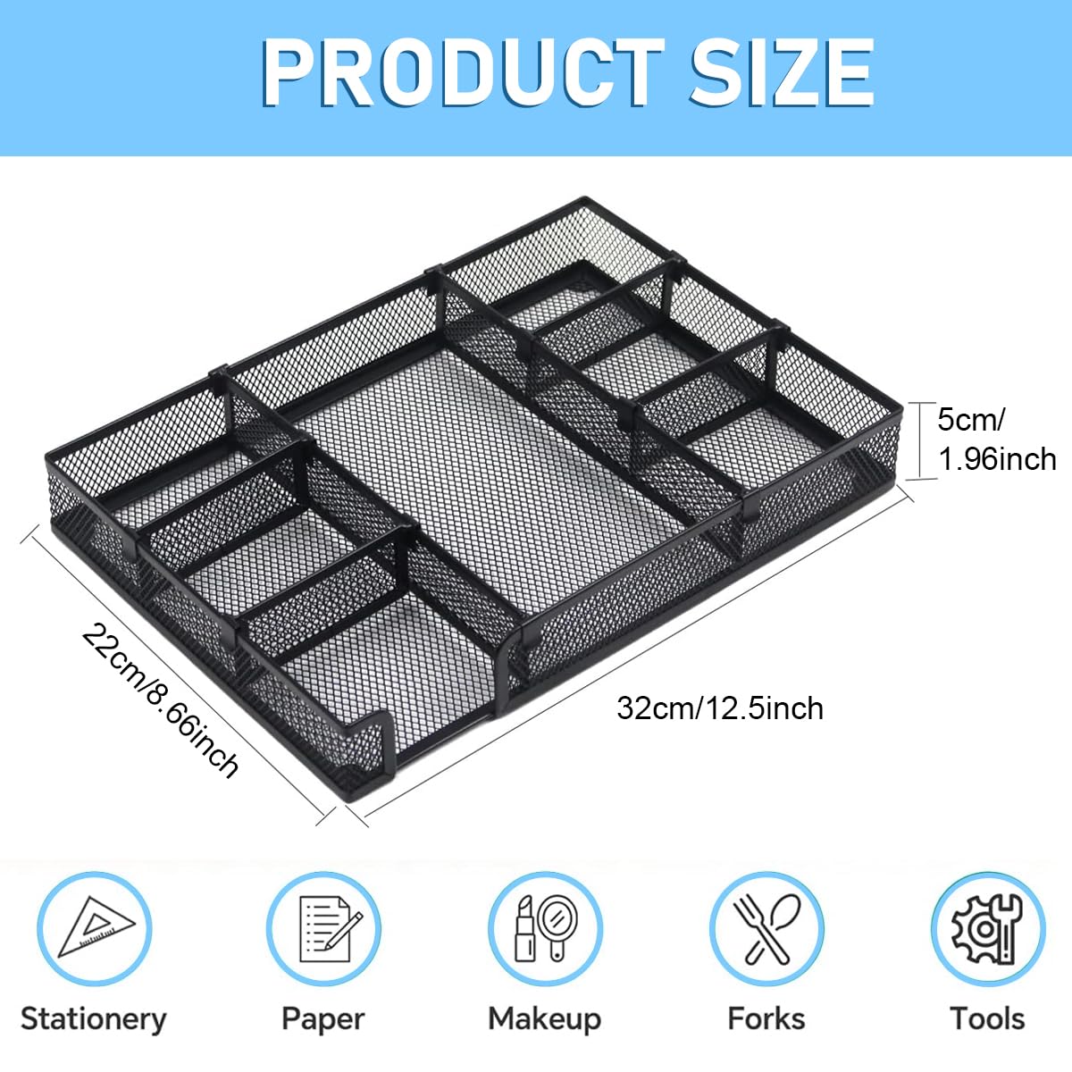 Desk Drawer Organizer Tray for Office and Home with 6 Adjustable Compartments 32x22x4.5cm Metal Mesh Design