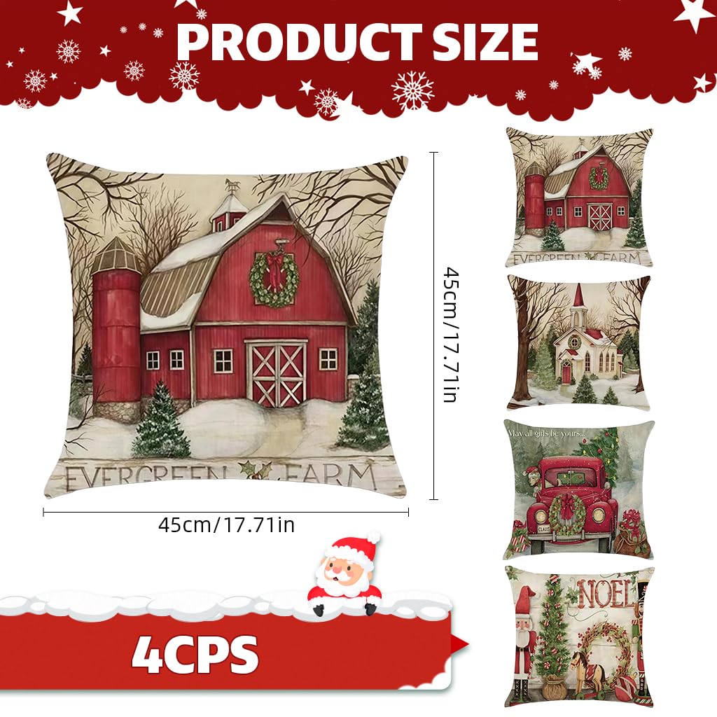 HASTHIP Christmas Pillow Covers for Couch and Bedroom with Hidden Zipper 17.7x17.7 in | Cotton Linen Set of 4
