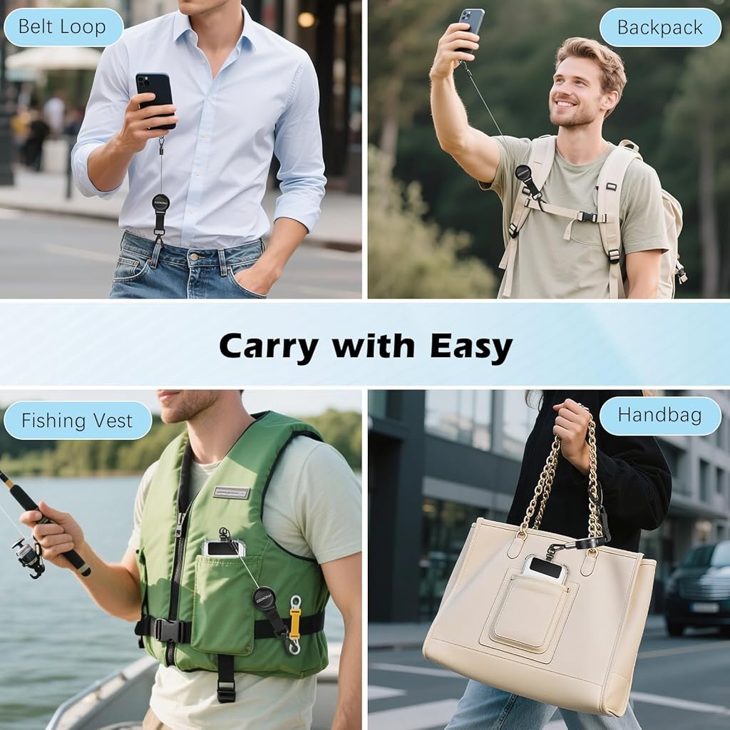 ELEPHANTBOAT® 23.6in Telescopic Phone Holder with Metal Carabiner & Swivel Tether Tab, Steel Wire Extendable Cell Phone Mount Multipurpose Badge Holder ID Card Holder