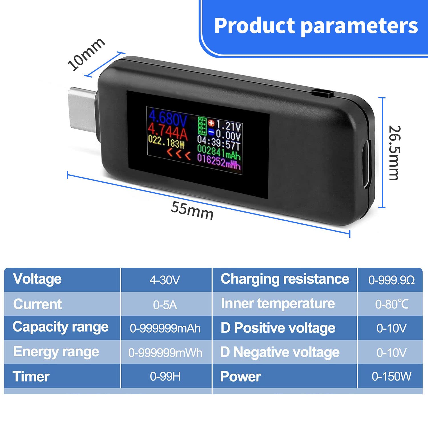 ZORBES® Type-C Voltmeter, LCD Screen Digital Volt Meter & Amphere meter, Plug & Go USB-C Watt Meter Power Meter Tester with High Temperature Warning for Monitoring USB-C Cables, Laptops Chargers