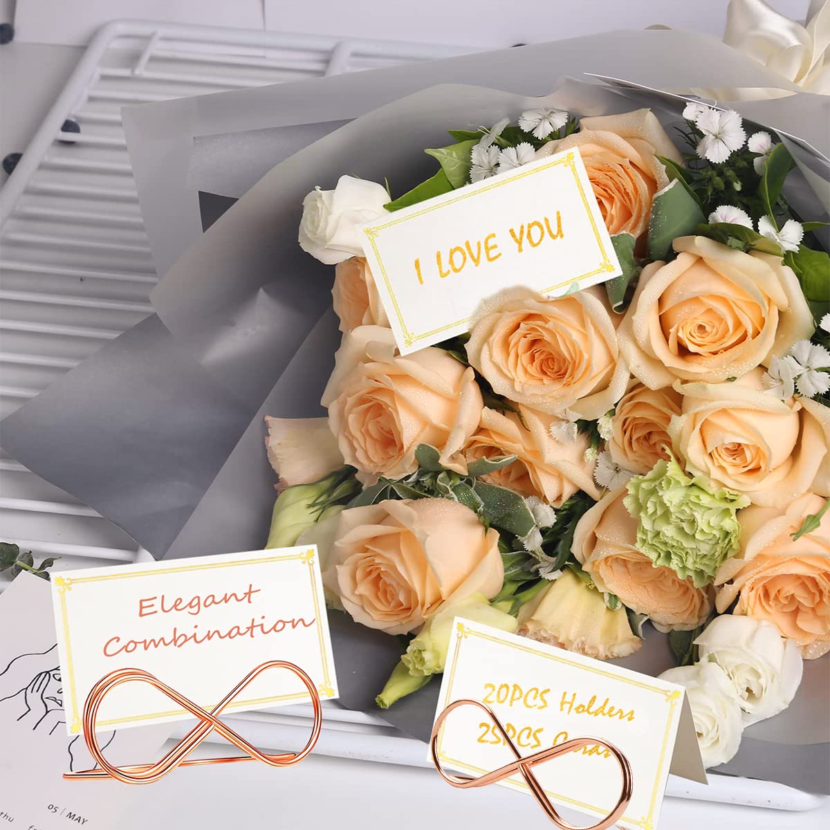 HASTHIP Name Plate Holder for Weddings and Dinners featuring Low Center Base Design | 12Pcs Rose Gold Stainless Steel Set