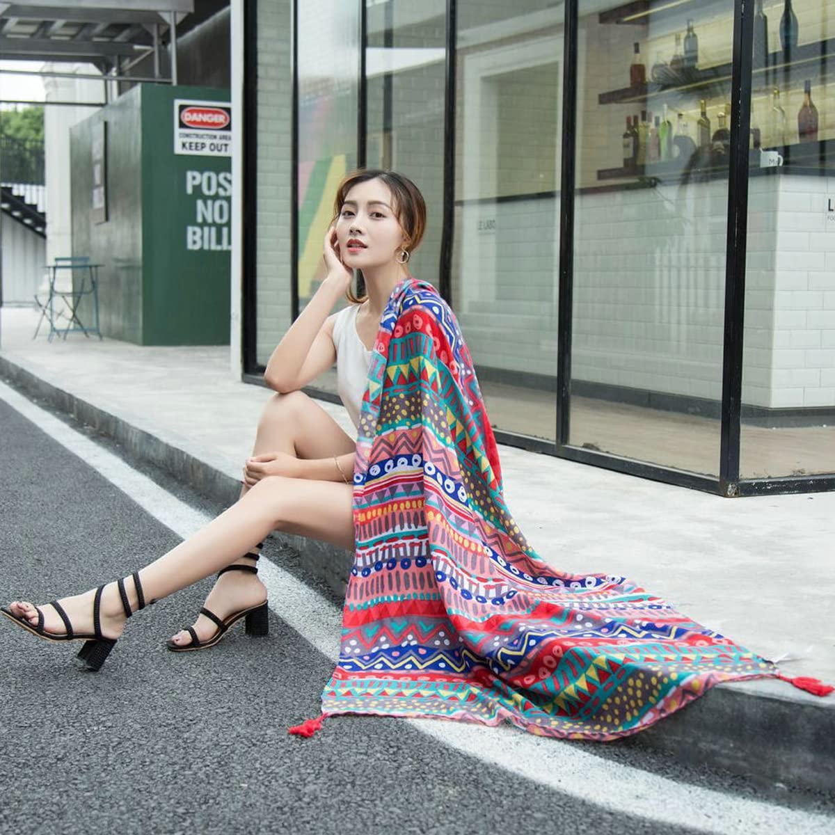 Venzina Long Shawl for Women with Geometric Print and Tassels 180 x 90cm Satin Scarf Wrap