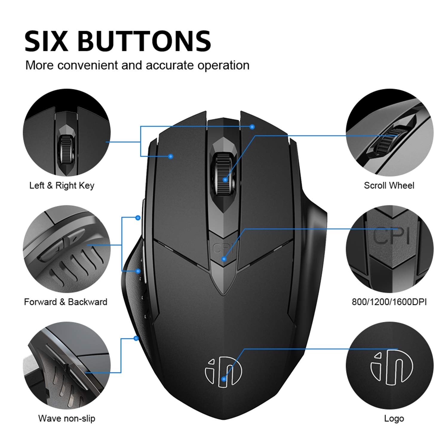 Verilux Wireless Mouse Rechargeable, Inphic Ergonomic Silent Click USB 2.4G Cordless Mouse for Laptop PC Computer Tablets Windows Linux, 6 Buttons, 1600DPI 3 Adjustment Level