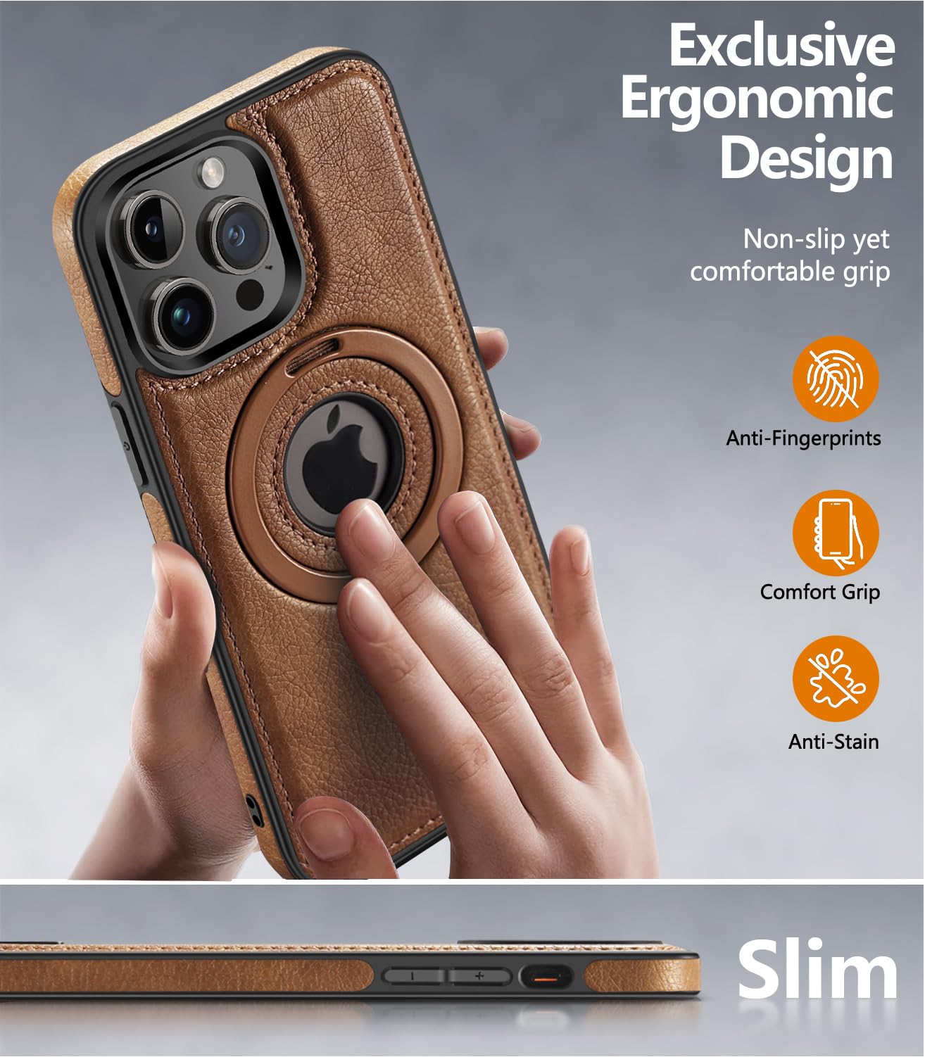 Zeitel Phone Case for iPhone 15 Pro Max 6.7 inch with Metal Kickstand and MagSafe | Brown PU Leather Anti Scratch Protection