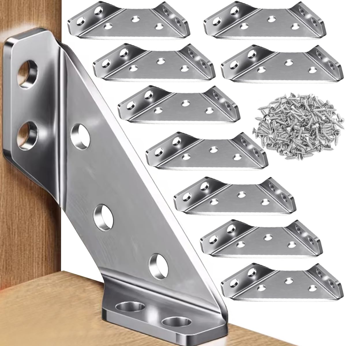 Serplex® 10Pcs Shelf Brackets with 60Pcs Screws Corner Braces Corner Supports 90 Degree Bonding Brackets Screw Mounted Stainless Steel Metal Brackets for Wooden Panel, Woodworking, Crafting