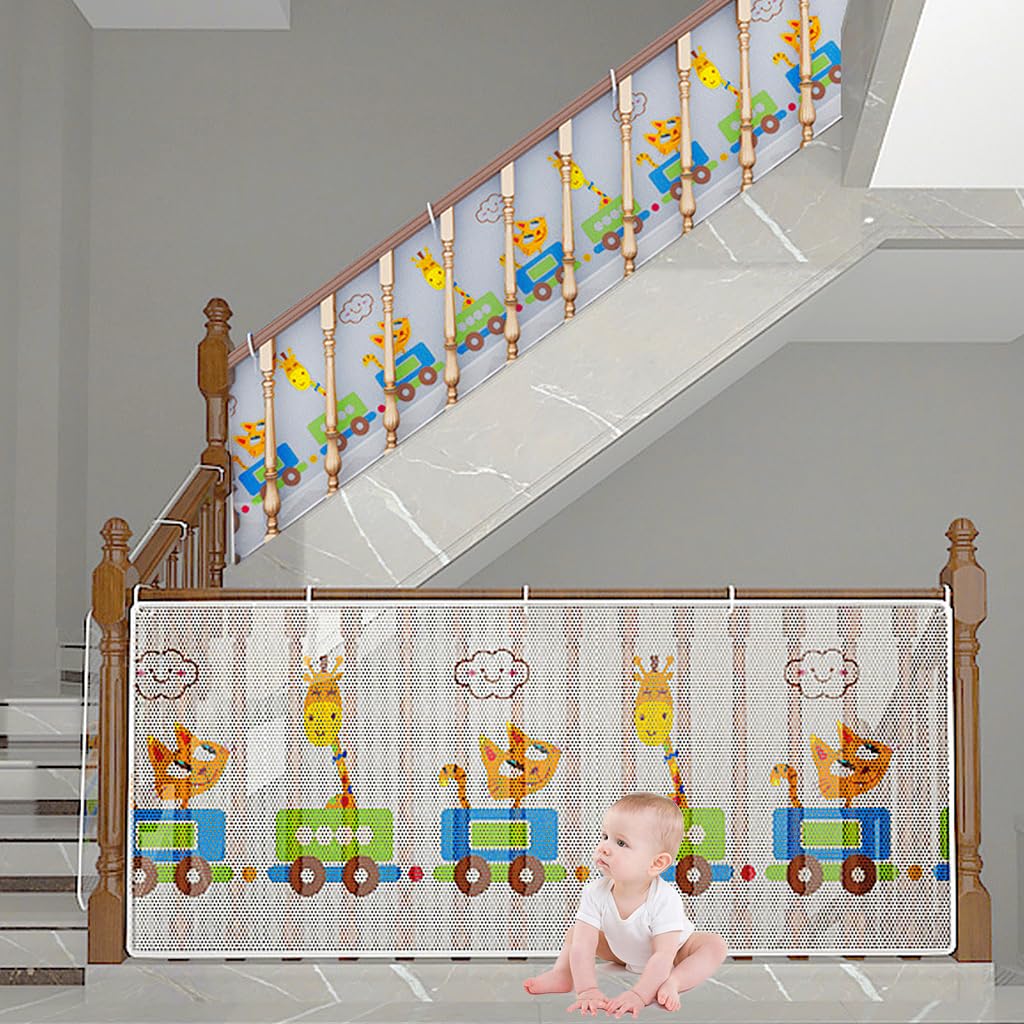 SNOWIE SOFT® Baby Safety Net Banister Guards Stairway Rail Net Thicken Polyester 14.7 ft Long 31 Inches High Stairway Baby Guards with 55 Nylon Zip Ties Ropes Safety Net for Stairway, Balcony