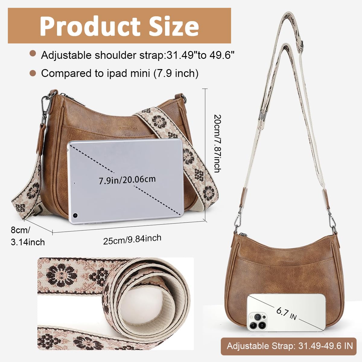 PALAY® Women Satchel Bag Fashion PU Solid Brown Crossbody Bag Sling Bag Shoulder Bag with Woven Embossed Shoulder Strap Casual Daily Satchel Bag