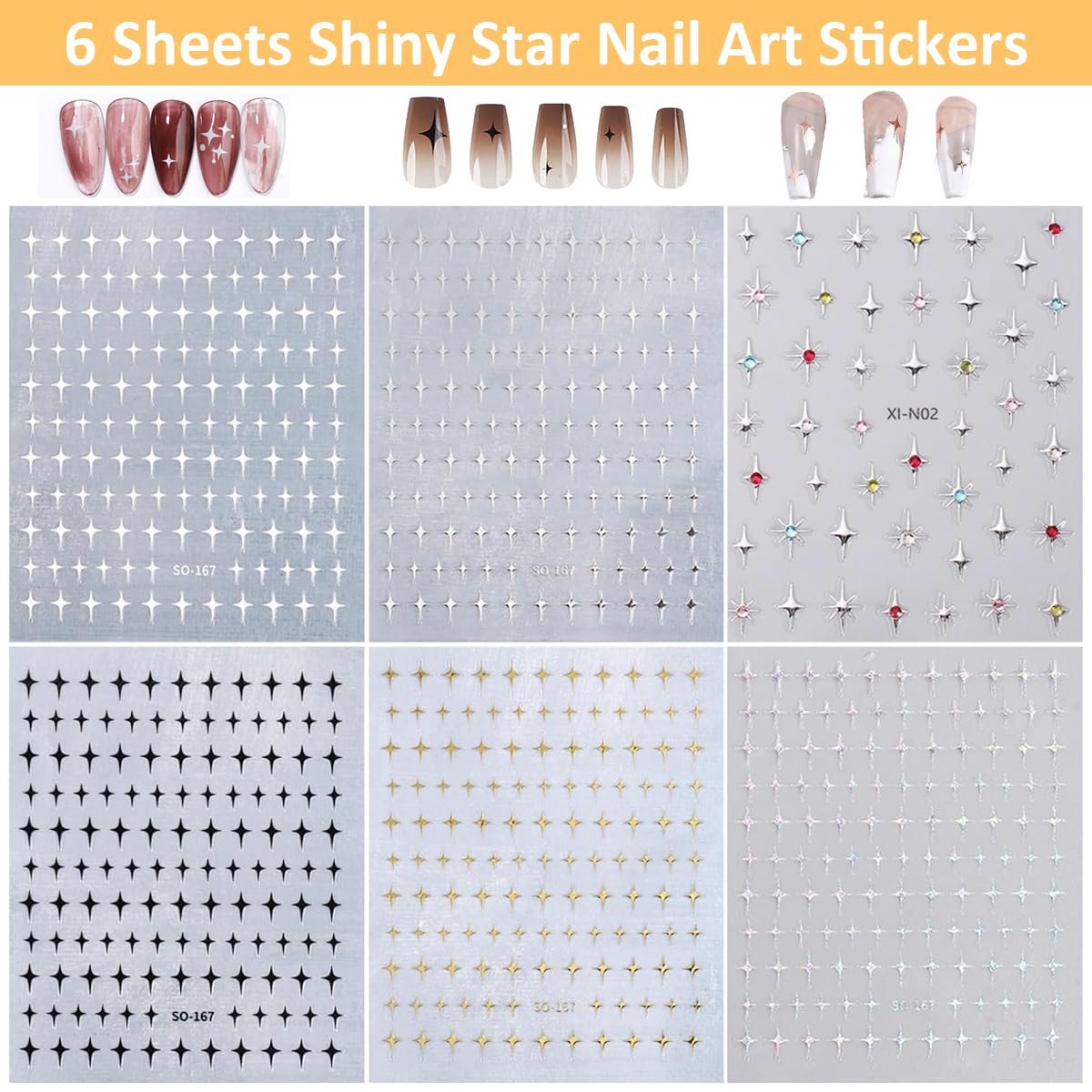 MAYCREATE® 6 Sheets Star Nail Stickers Y2K Nail Art Decal Stickers, 3D Galaxy Stars Nail Art Design Decals Self-Adhesive Star Stickers DIY Nail Decals Nail Tips for Nail Extension Decoration