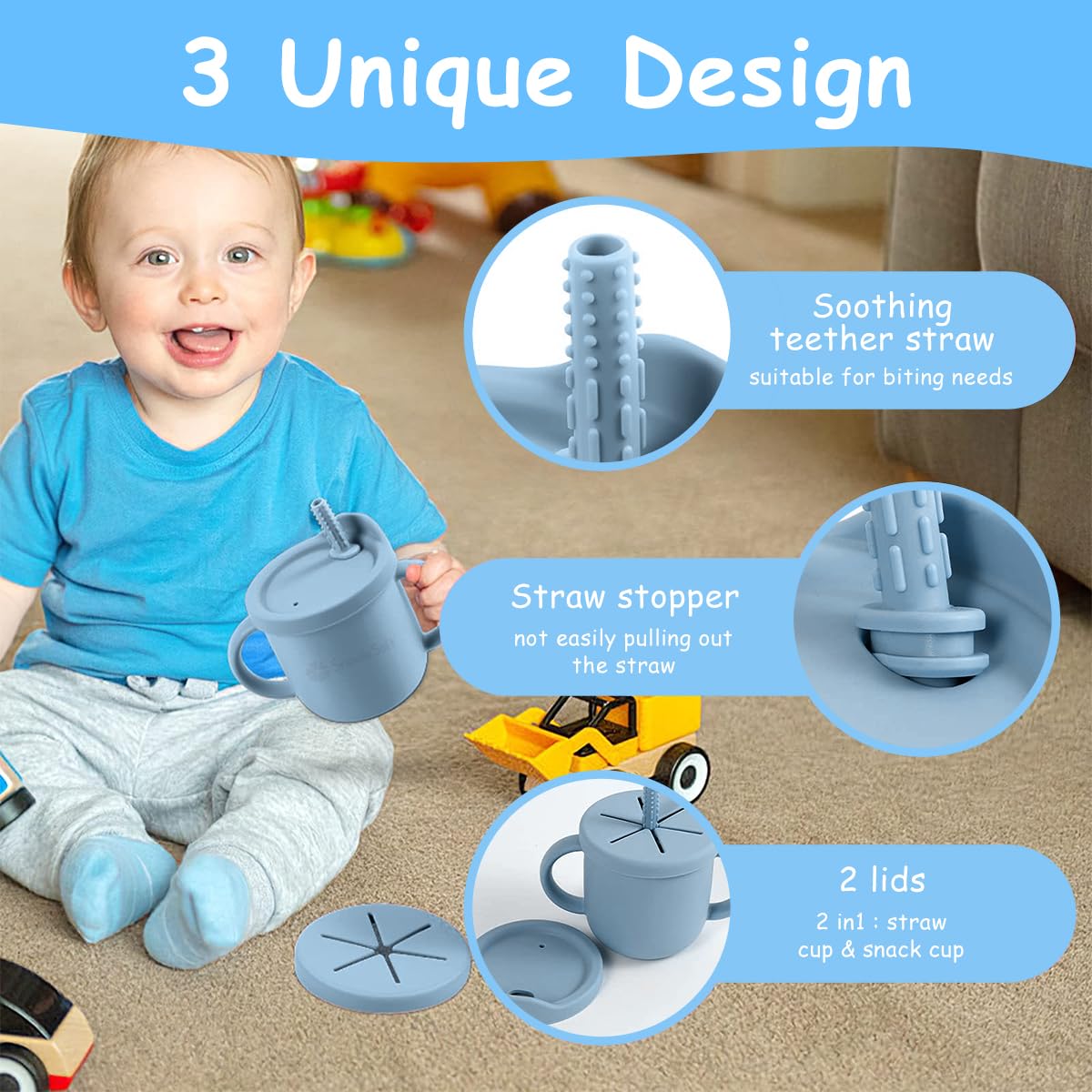SNOWIE SOFT Silicone Sippy Cup for Baby with 2 in 1 Lid and Teether Straw, 250ml Blue | Spill Proof Training Cup 6–12 Months