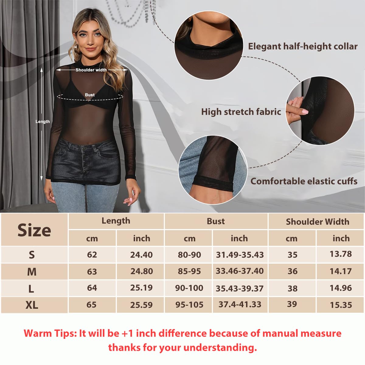 PALAY® Women's Mesh Tops High Neck See Through Shirts Short Sleeve Long Sleeve Bodycon Sheer Slim Fit Blouse Clubwear, M