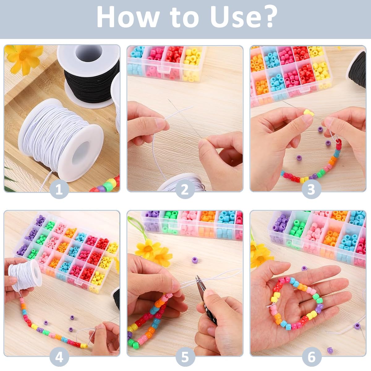 HASTHIP Elastic Thread for Bracelet Making with 2 Rolls 131ft 1mm Cord in Black and White