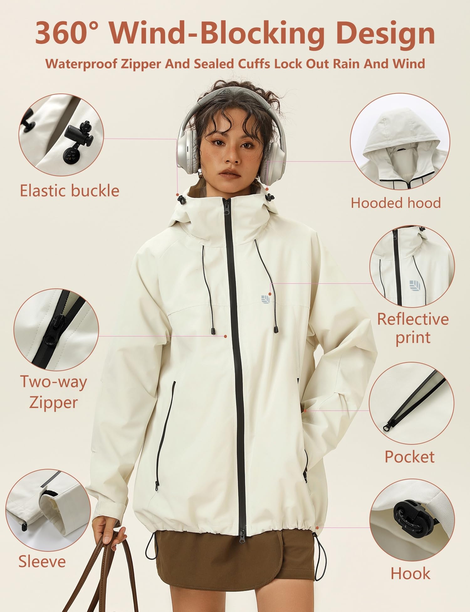 Venzina Women's Waterproof Jacket for Travel and Commuting with 75D Fabric | Windproof Light Khaki Coat