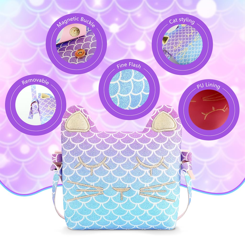 PATPAT Purse for Girls with Mermaid Jewelry Set featuring Sling Bag and Cat Design | Gift for Ages 3–10