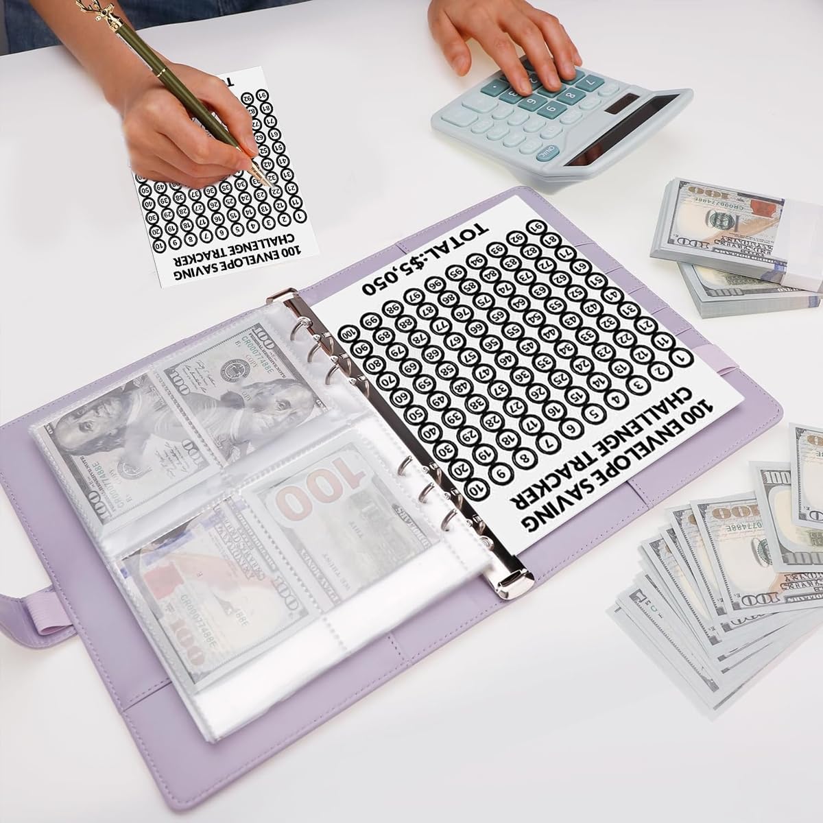 HASTHIP Money Saving Planner for 100 Day Challenge with 100 Cash Envelopes and Pink A5 Binder