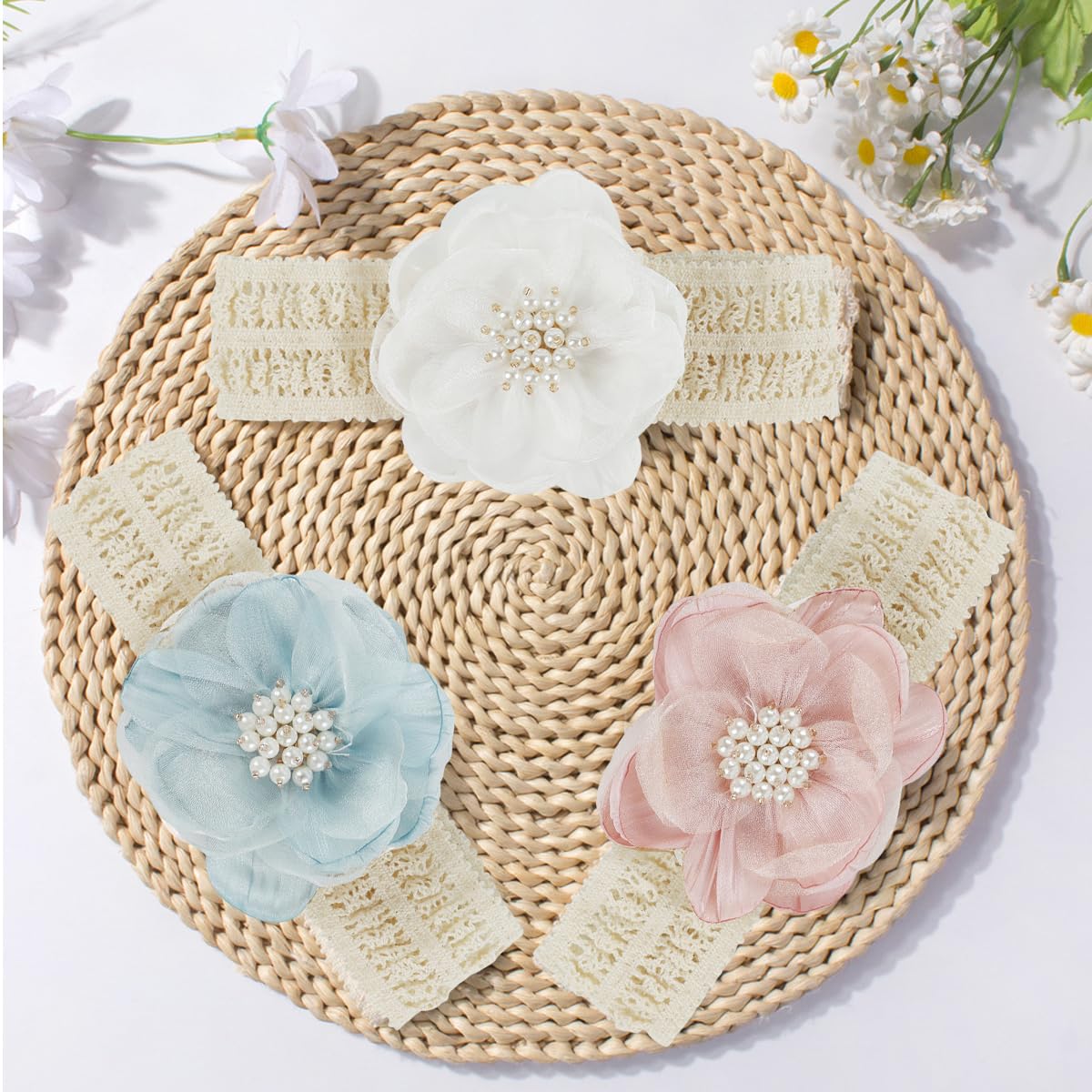 SNOWIE SOFT Hair Bands for Baby Girls with 3 Lace Flower Colors | Soft Stretchy Headbands 0–24 Months
