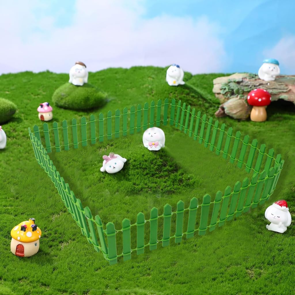 HASTHIP Miniature Fairy Garden Ornaments for DIY Crafting with 24 pcs Set featuring 6×6 in Grass & 4 in White Fences | Ideal for Dollhouse and Home Décor