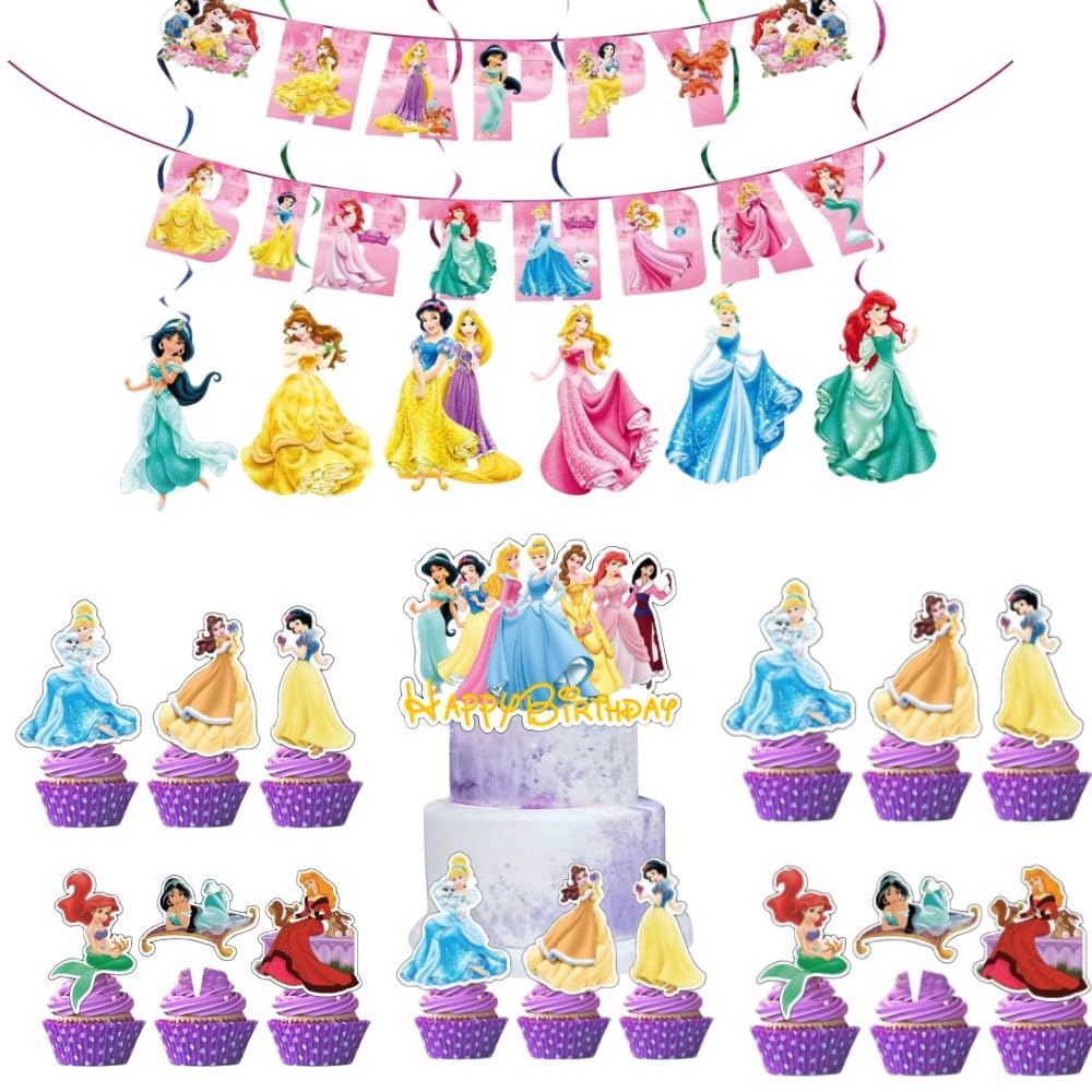 HASTHIP Princess Birthday Decoration Kit for Girls with 46 Pcs Banner and Hanging Decor | Pink Gold Party Supplies