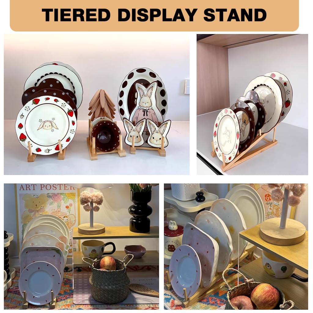 HASTHIP Plate Stands for Display with 5 Tier Stepped Design and Solid Wood Craft Show Use