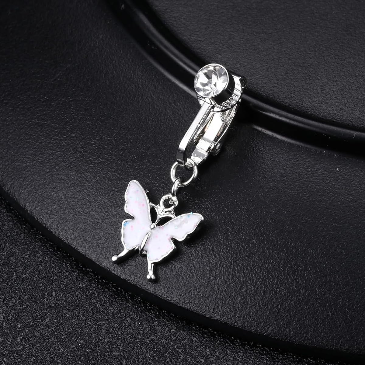 SANNIDHI Fake Belly Button Rings, Clip On Belly Piercing Jewelry, 316L Stainless Steel Heart-shape/Evil Eye Rhinestone Navel Belly Rings for Women Girls - Non Piercing, Silver (Butterfly)