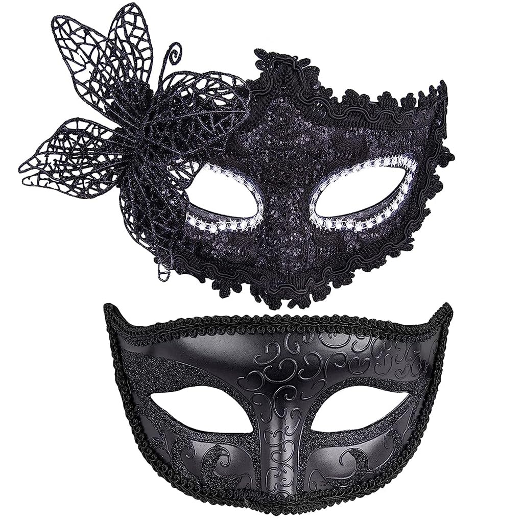 Optifit® 2Pcs Masquerade Masks Lace Eye Mask, Women Men Halloween Mask Lady Girl Party Mask, Vintage Carnival Masquerade Mask for Halloween Masquerade Costume Party (Black)