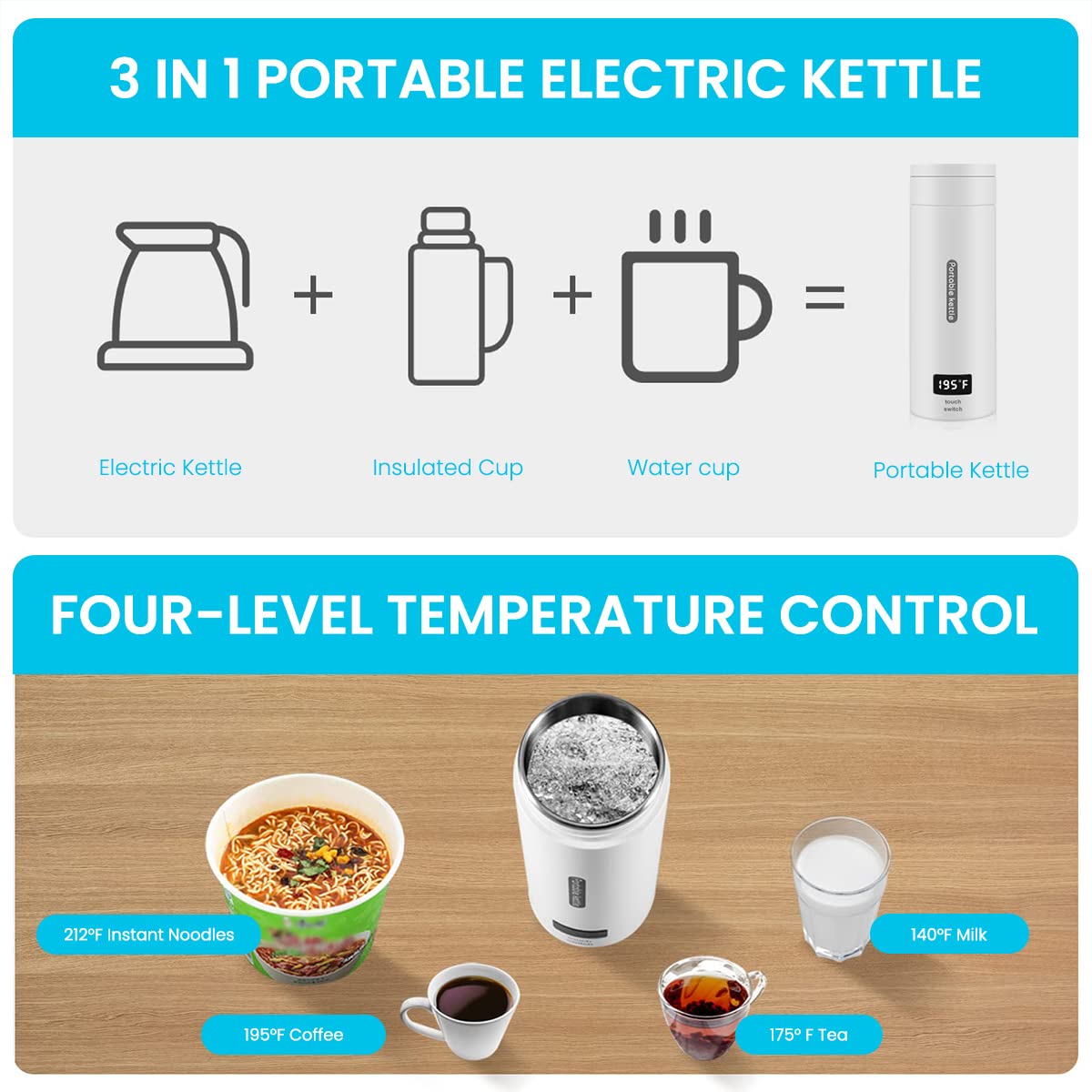 HASTHIP Small Electric Kettle Travel Portable Mini Coffee Kettle Electric Water Bottle with 4 Variable Presets, Personal Hot Water Boiler 304 Stainless Steel with Auto Shut-Off & Boil Dry Protection