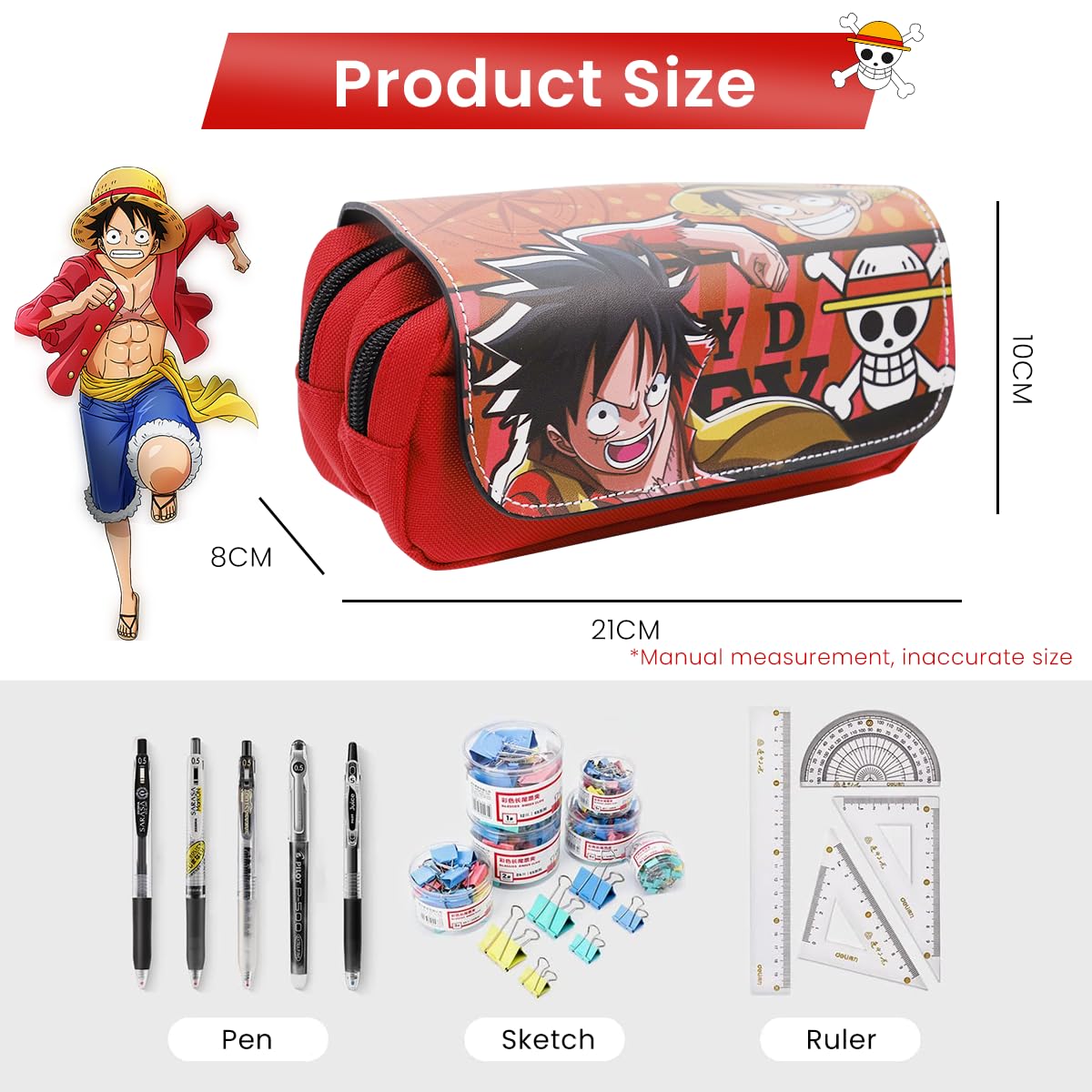 Fancyku Polyester One Piece Pencil Case for Students with Luffy Cartoon Print | 3PCS Set