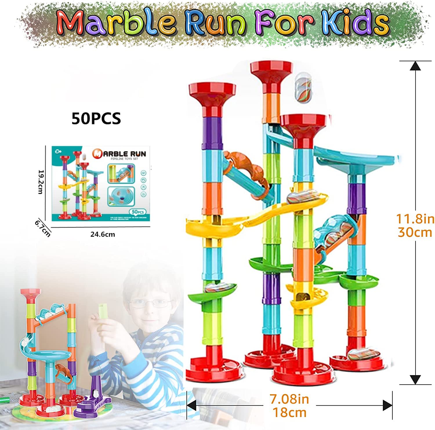 PATPAT Marble Run Toy for Kids with 50 pcs Connection Blocks and 4 Track Types | STEM Playset