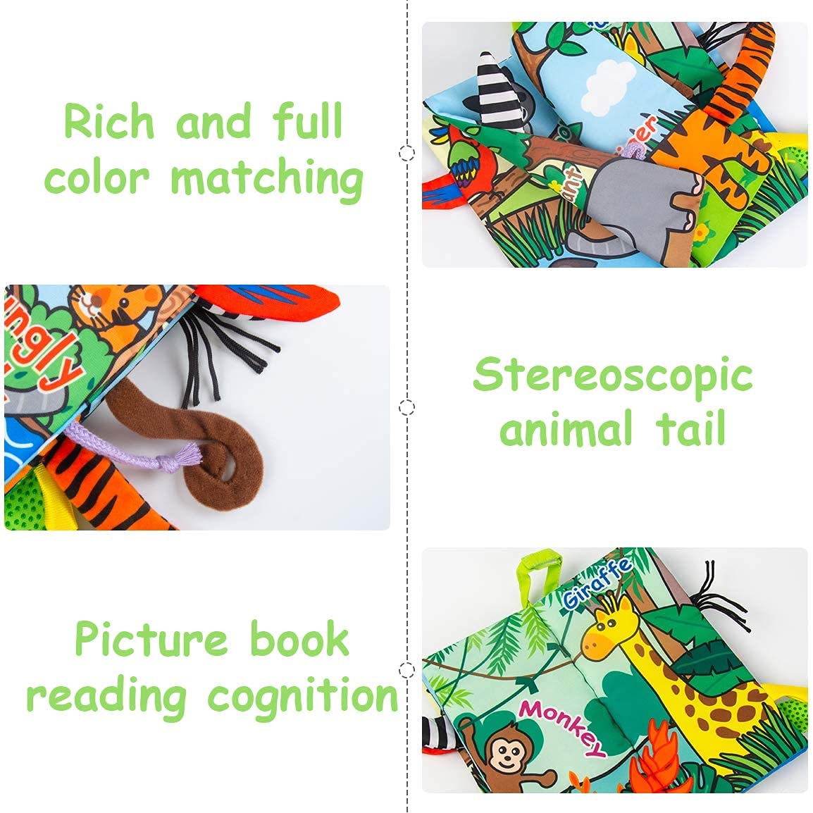 SNOWIE SOFT  Cloth Books for Babies, Comfortable Infant Kids Early Development Cloth Book 3D Animals Tails Crinkle Sensory Touch and Feel Book Learning Educational Baby Toys