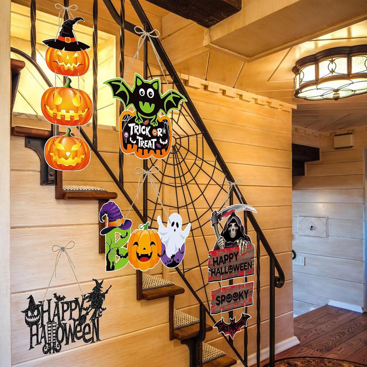 HASTHIP® 5Pcs Halloween Wall Hangings Door Signs Spooky Pumpkin Decorative Paper Wall Hangings Happy Halloween Door Signs Halloween Party Trick or Treat Wall Decoration Wall Hangings Halloween Decor