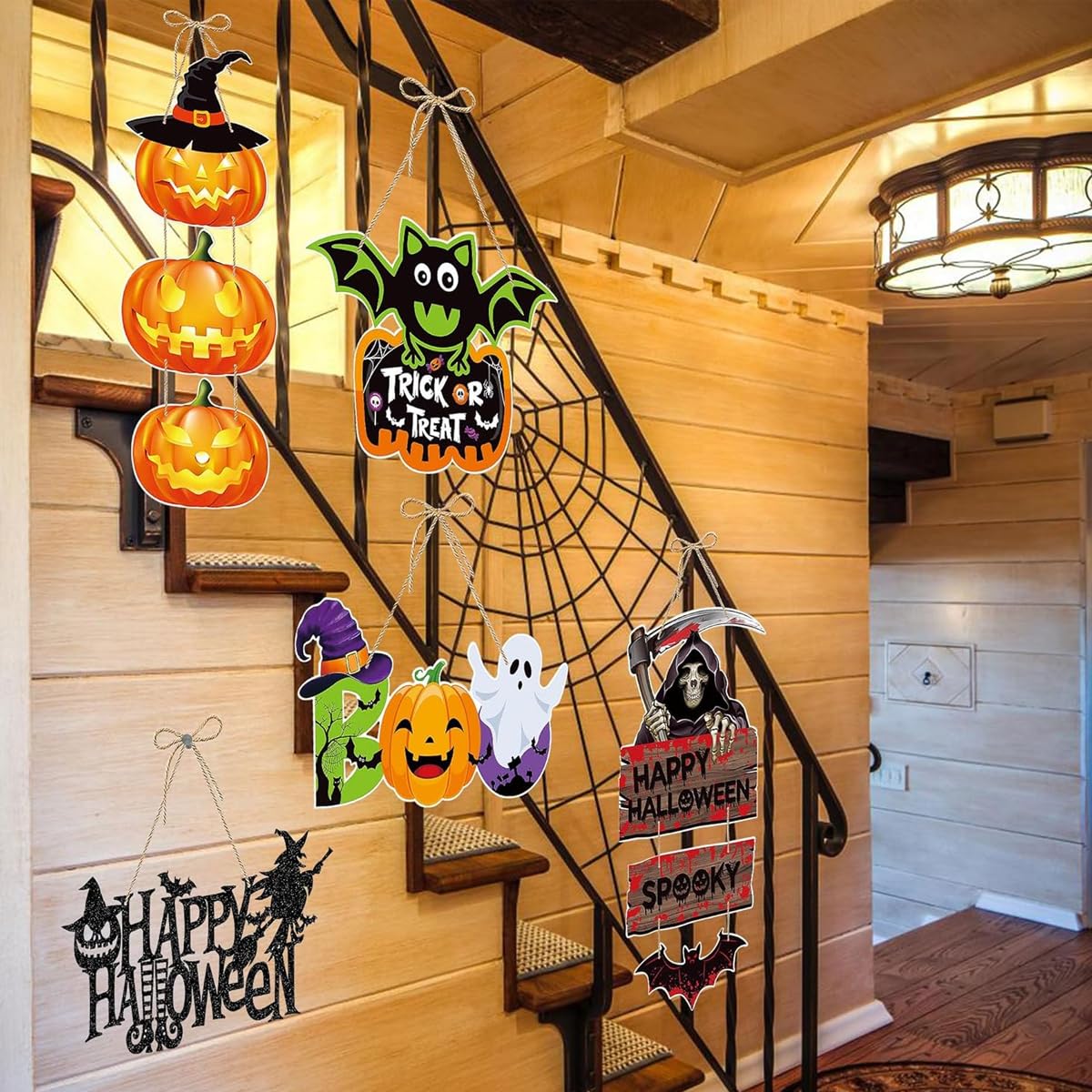 HASTHIP Halloween Wall Hangings for Home and Party Décor featuring 5 Paper Signs | Pumpkin Ghost Witch Bat Designs