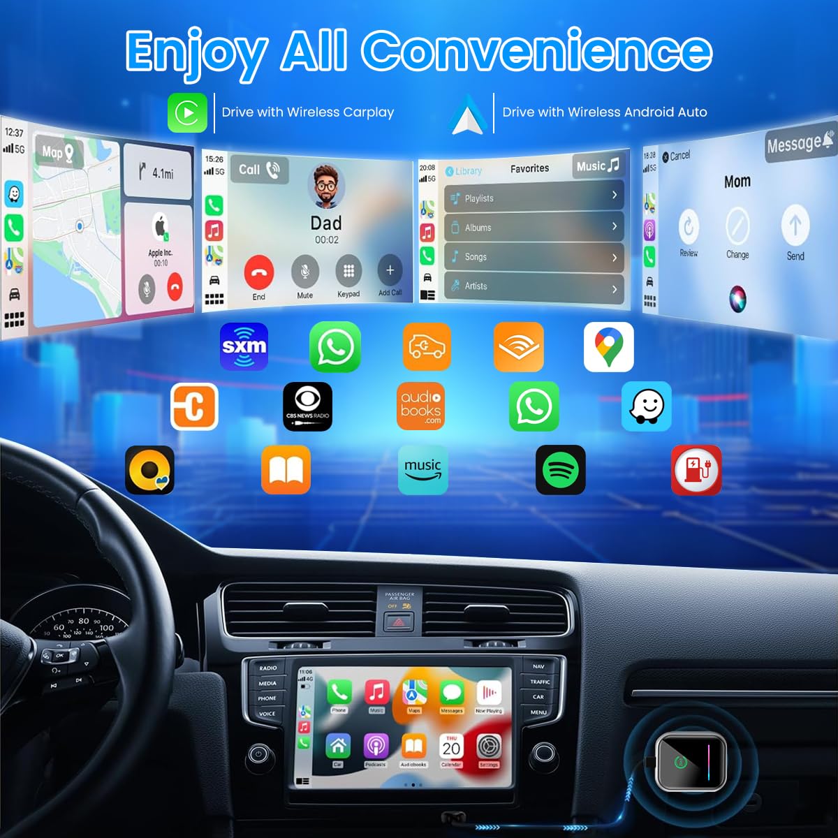 zitronix Dual Mold 2 in 1 WiFi Wireless Convertor for CarPlay and Android Auto featuring Dual Band 2.4GHz and 5GHz Connectivity | Plug and Play Adapter