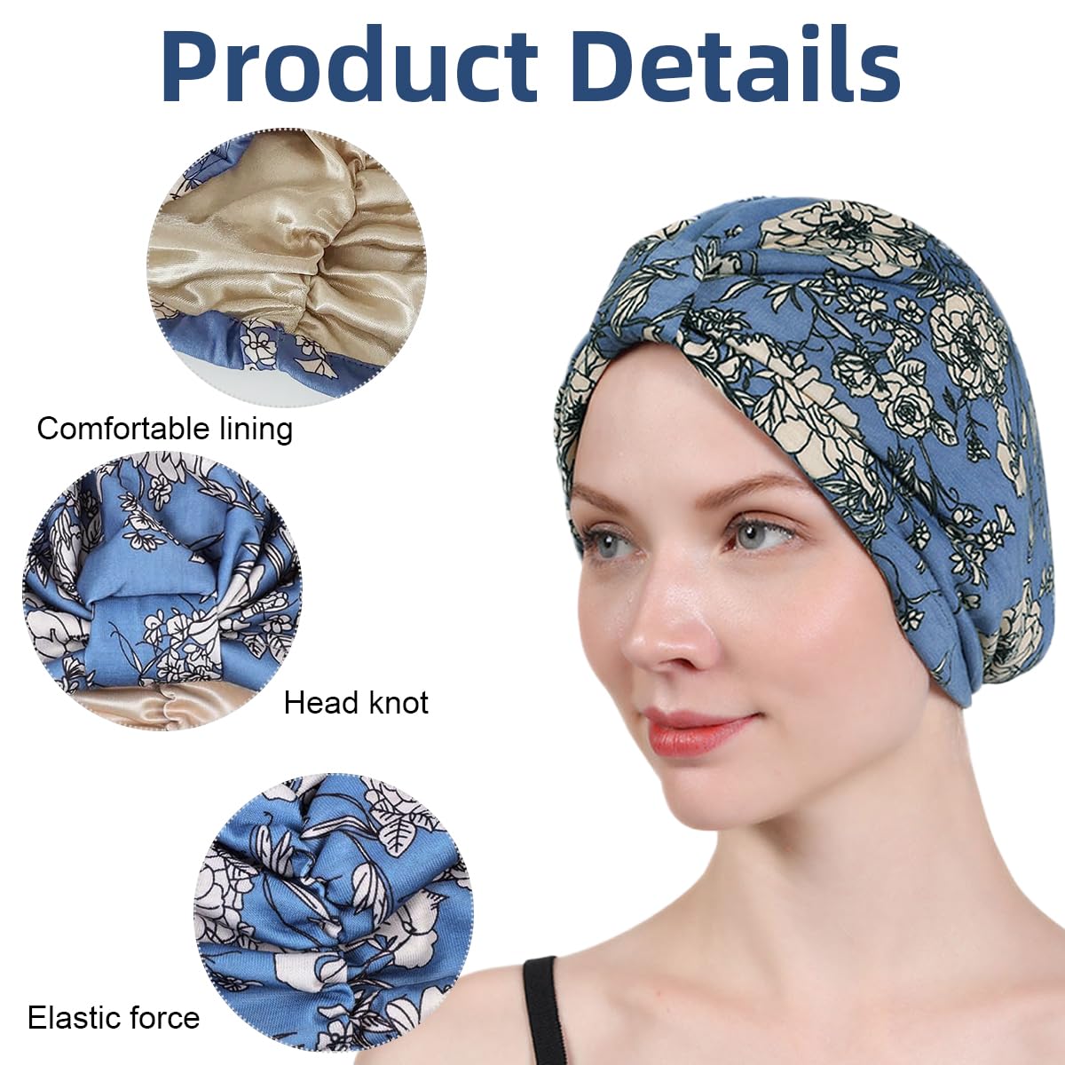 SANNIDHI Chemo Caps for Women with Satin Liner and Floral Cotton Design | 2PCS Blue