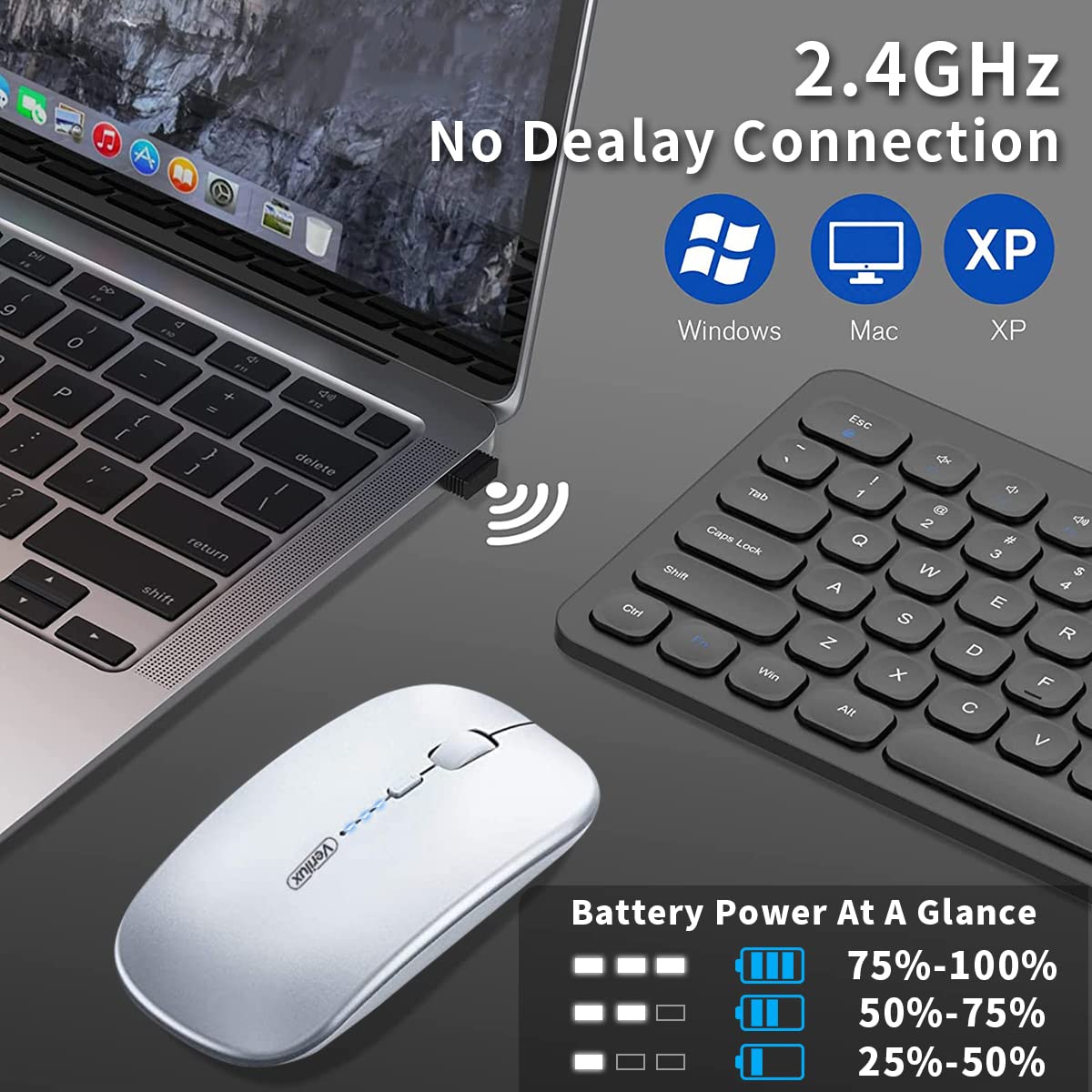 Verilux  Wireless Mouse Rechargeable, Upgraded Ultra Slim 2.4G Silent Cordless Mouse Computer Mice 1600 DPI with USB Receiver for Laptop PC Mac MacBook, Windows (Space Sliver+ Battery Level Visible)