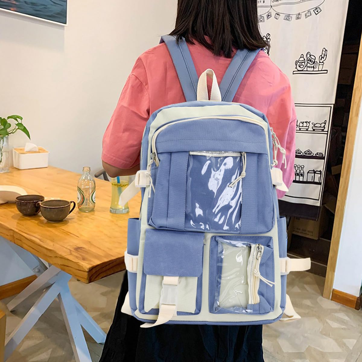 PALAY® Cute Backpack for Girls Canvas Backpacks Set with Canvas Tote Bag Waterproof Multi-Pocket Kawaii School Backpack for Kids Laptop School Bag