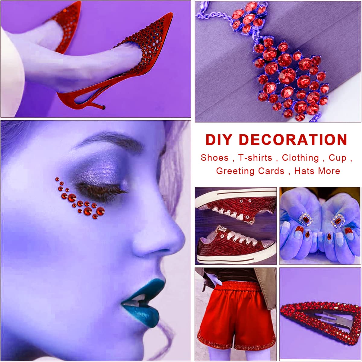 MAYCREATE Rhinestones Nail Art Kit for Manicure with 12 Grid Box featuring Tweezers & Picking Pen | Red Flatback 3D Gems 6 Sizes