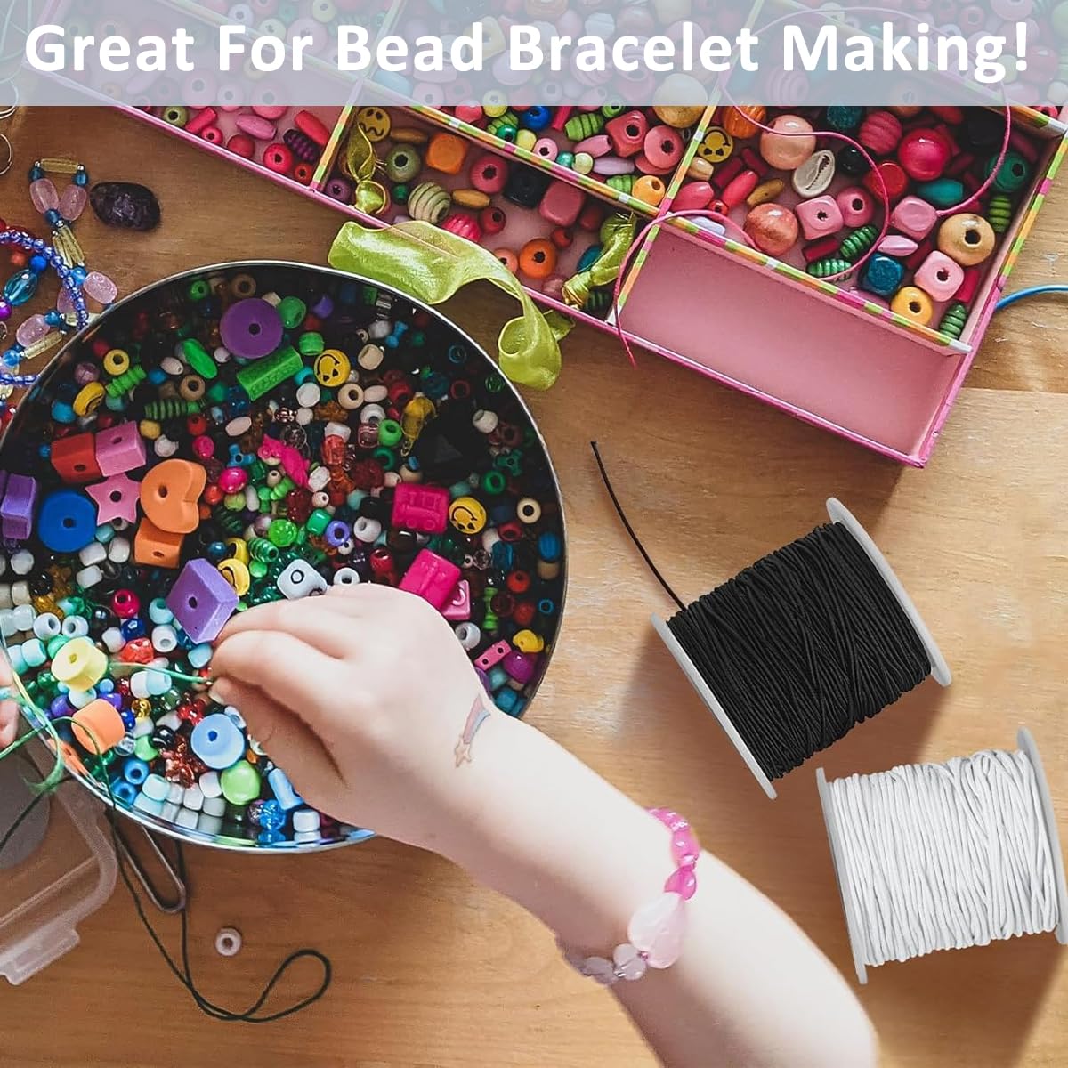 HASTHIP Elastic Thread for Bracelet Making with 2 Rolls 131ft 1mm Cord in Black and White