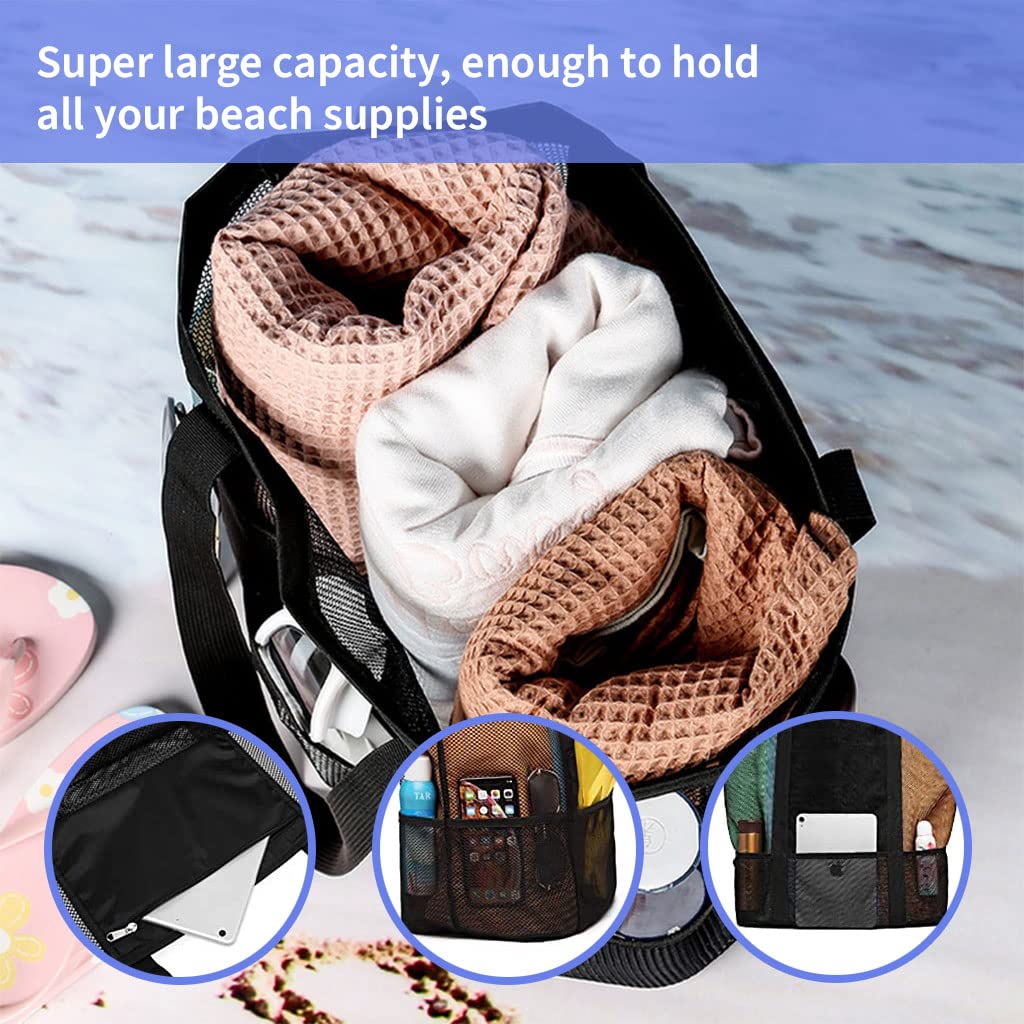 PALAY Large Capacity Beach Bag Multi Pocket Polyester Mesh Bag Tote for Travel, Fitness Bag, Swimming Storage Bag for Clothes Fashion Transparent Mesh Bag for Women, Black
