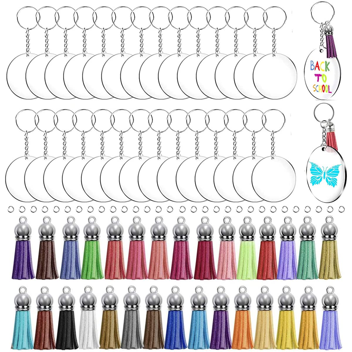 SANNIDHI Acrylic Keychain Blank Circle Kit, 120pcs Clear Keychains Set, Including 30pcs Acrylic Blanks, 30pcs Colorful Tassels, 30pcs Key Chain Rings, 30pcs Jump Rings for DIY Vinyl Crafts