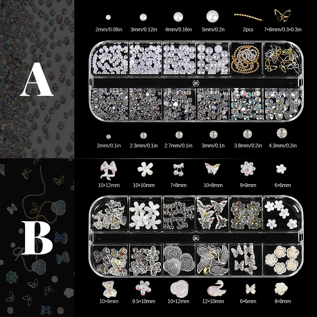 MAYCREATE 3D Nail Charms Kit for DIY Nail Art with 24 Grid Storage Box | Includes Rhinestones and Pearls