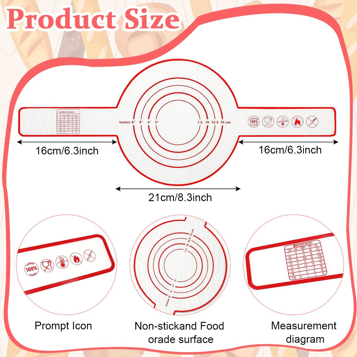 Supvox® Silicone Baking Mat for Dutch Oven Bread Baking, Non-Stick Baking Mat with Long Handle, 8.3 Inch Reusable Silicone Baking Sheets Heat Resistant Baking Bread Pad for Dough Pastry (Red)