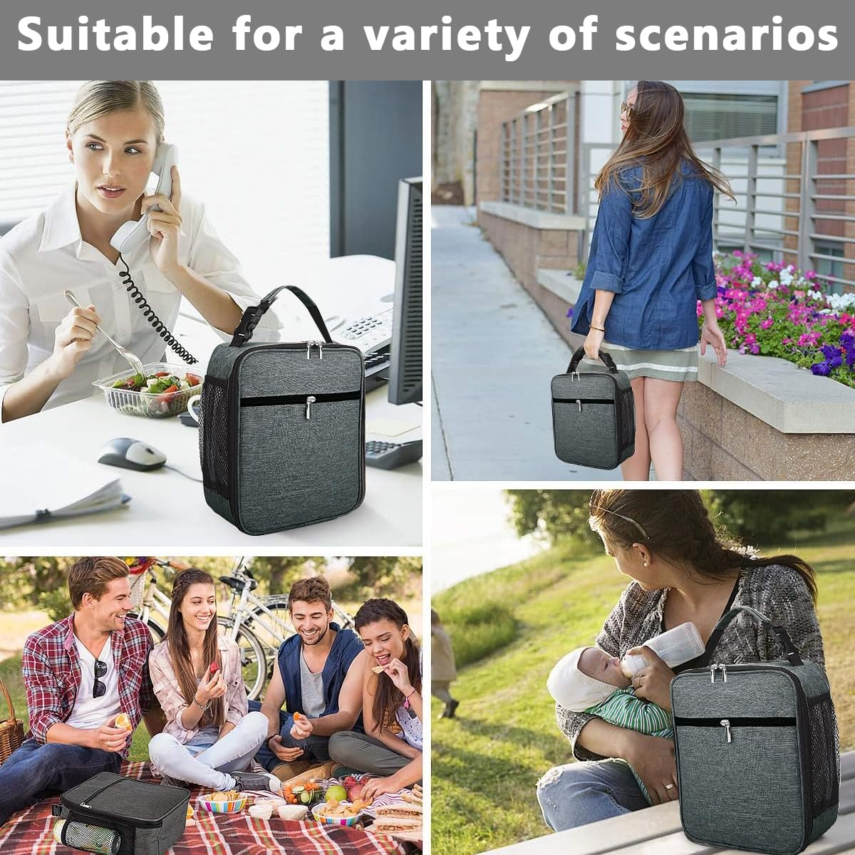 Venzina Lunch Box for Work and Picnic with Quick Release Buckle Handle 8.7×4.5×10.2 in Grey | Insulated Oxford Fabric for Men and Women