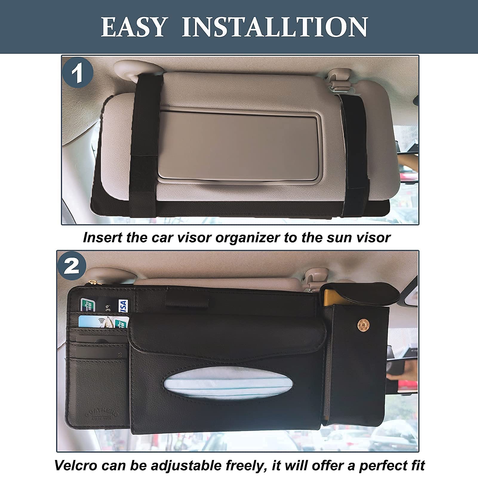 STHIRA Car Sun Visor Organizer for Storage with 35×16 cm Capacity and Dual Elastic Bands | PU Leather Black