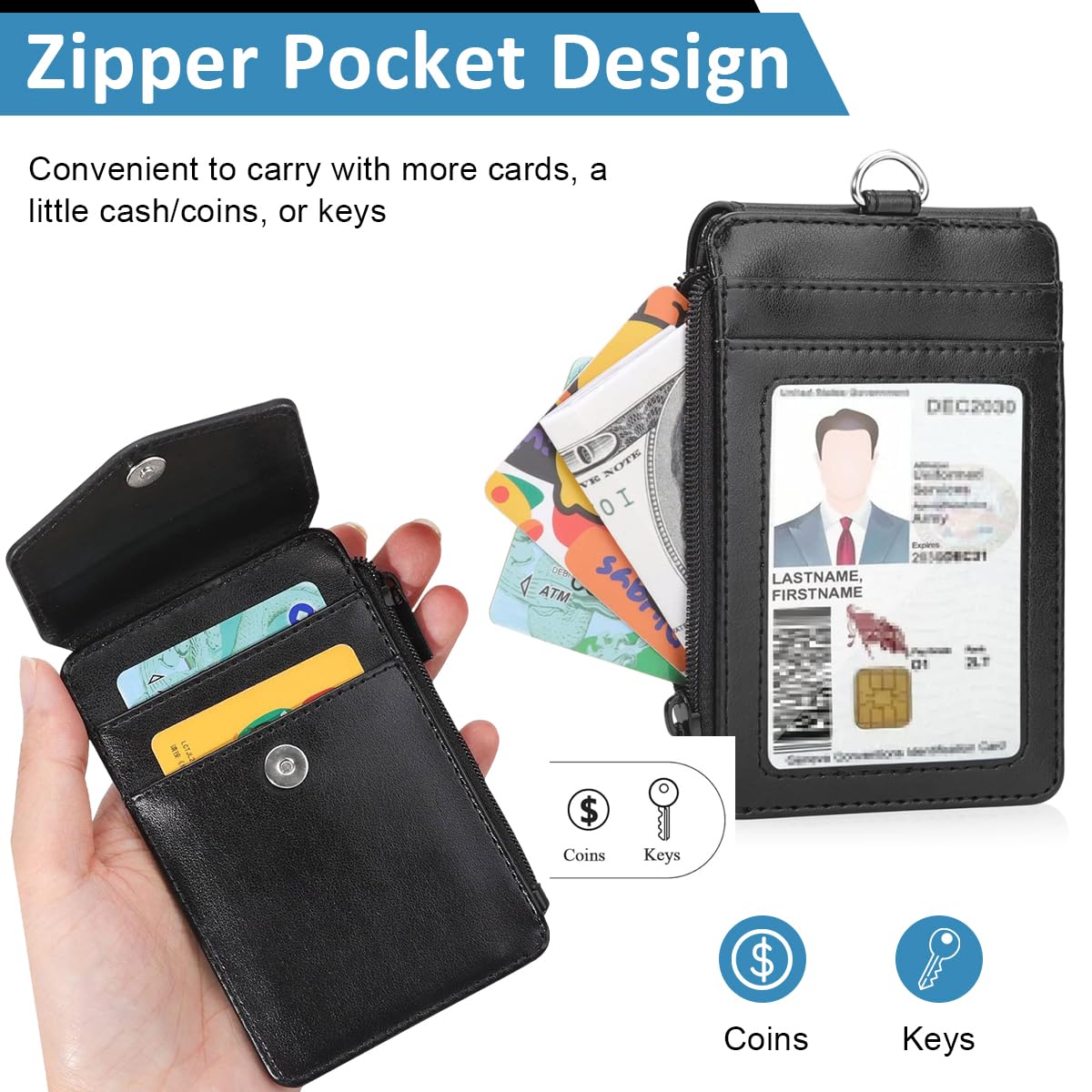 OFIFO Badge Holder for Staff ID Cards with Zipper Pouch and Card Slots | PU Neck Strap