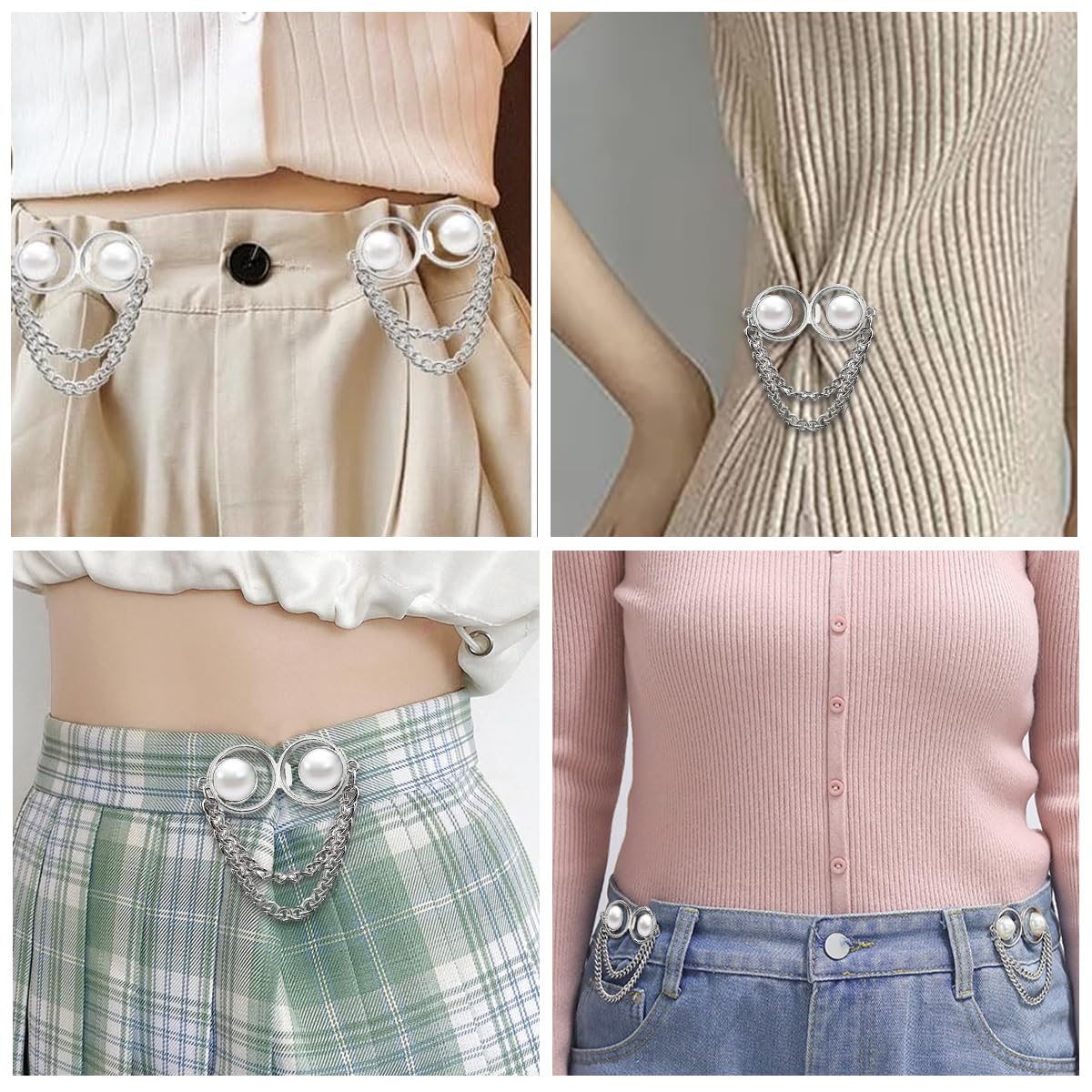 Venzina Adjustable Waist Buckle for Pants with Big Pearl Chain | 2 Pairs Detachable Pin Buttons