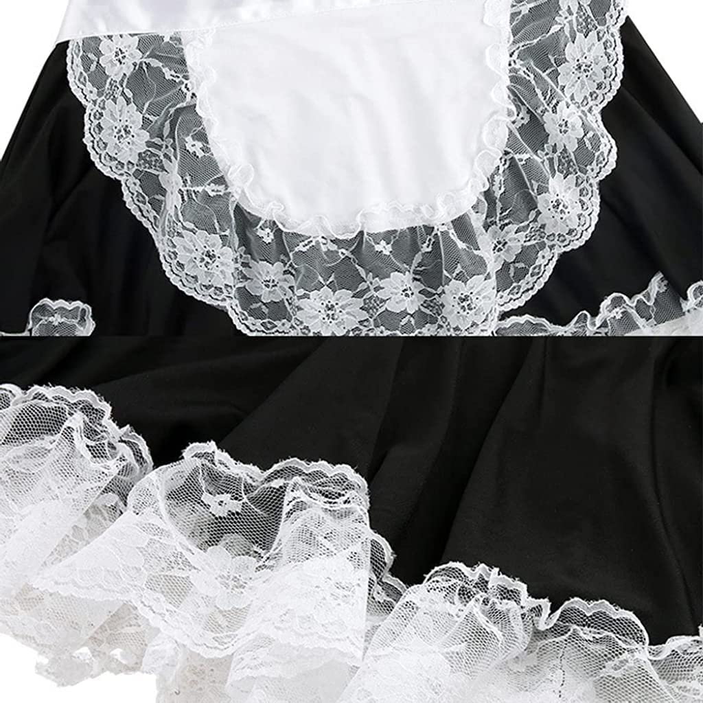 ZIBUYU Maid Dress Cosplay Costume Maid Dress Costume For Party Halloween Lace Apron Maid Dress Set With Lace Choker Lace Wristband Hairband|Black