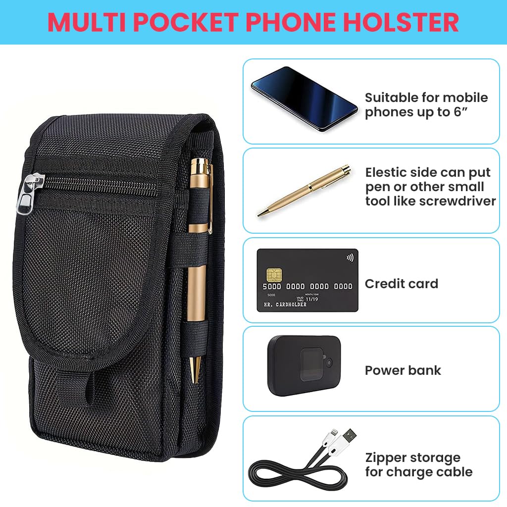 ZORBES Phone Belt Pouch for Outdoor Hiking featuring 3 Layer Storage and Hook and Loop Closure | 7.9x4.3 in Tactical Waist Bag