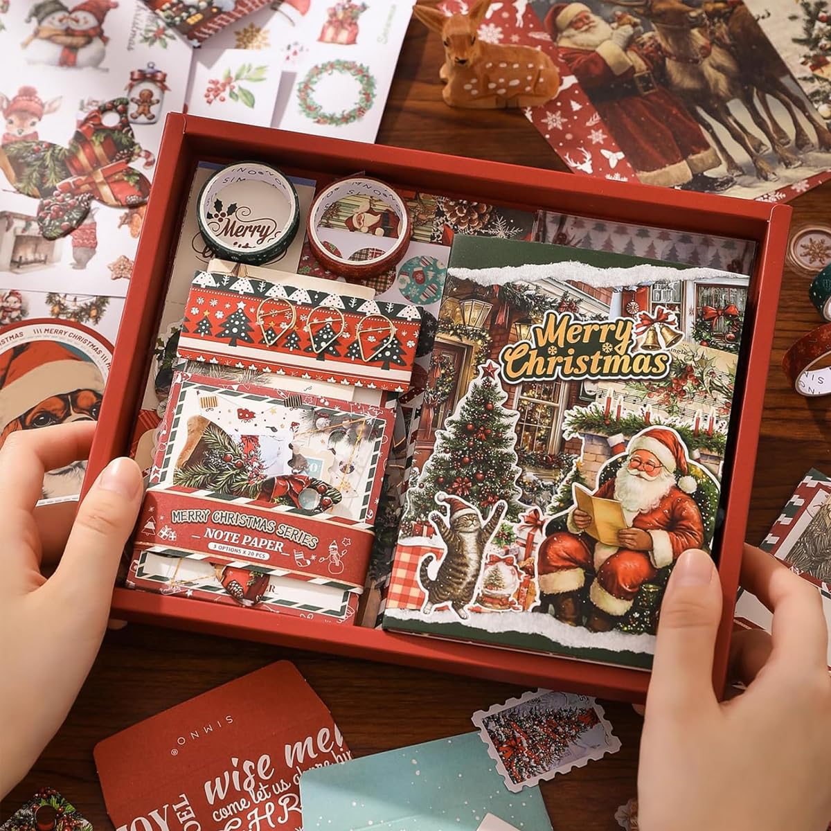 OFIFO Christmas Scrapbooking Gift Box Set with A6 Notebook and Retro Santa Stickers | DIY Holiday Journaling Kit