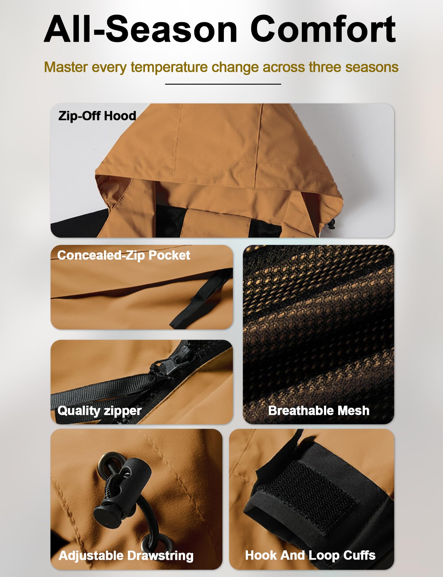 Venzina Women's Hiking Jacket for Trekking with Windproof and Water Resistant Design | Caramel Slim Fit Coat with Breathable Mesh Liner and Detachable Hood