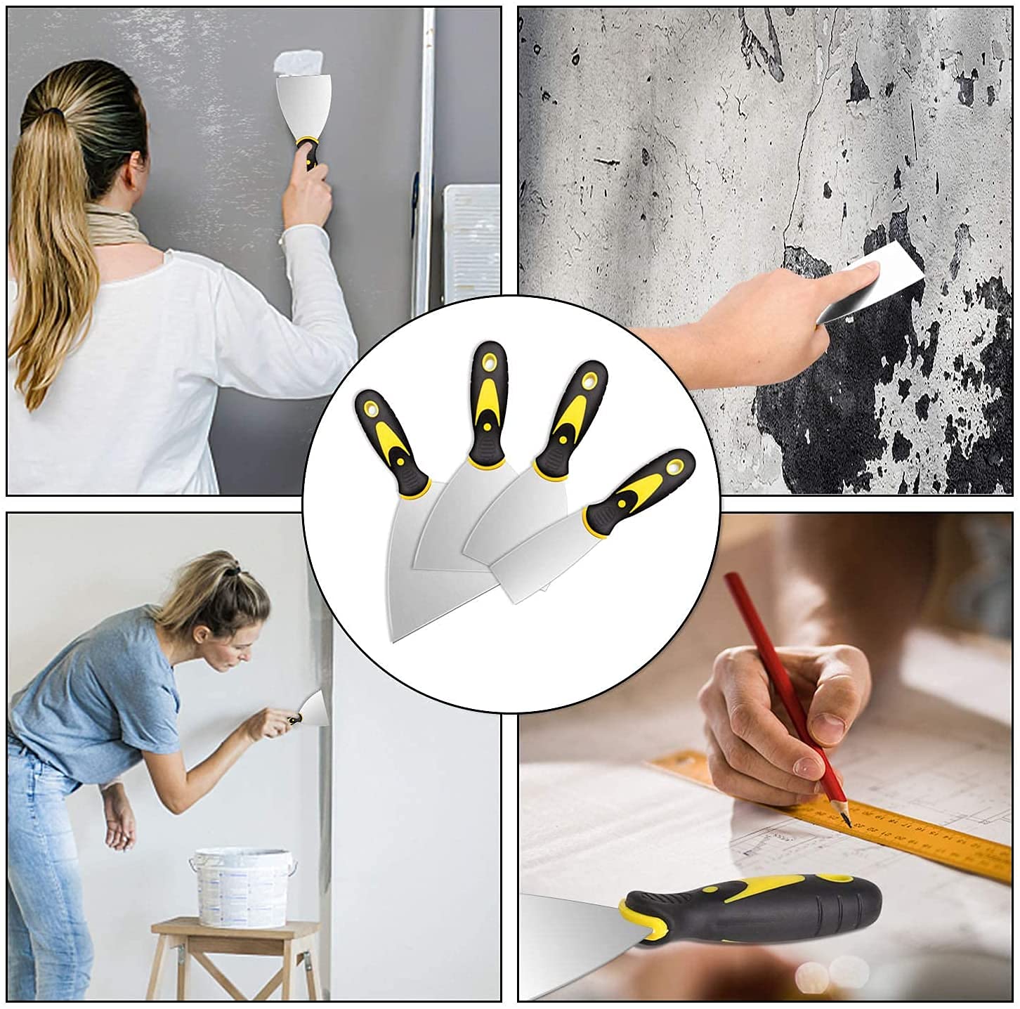 HASTHIP Putty Scraper Set for Drywall and Plaster Repair with Ergonomic Handle | 4 Pack 5 in 4 in 3 in 1.5 in CR‑V Steel Blades